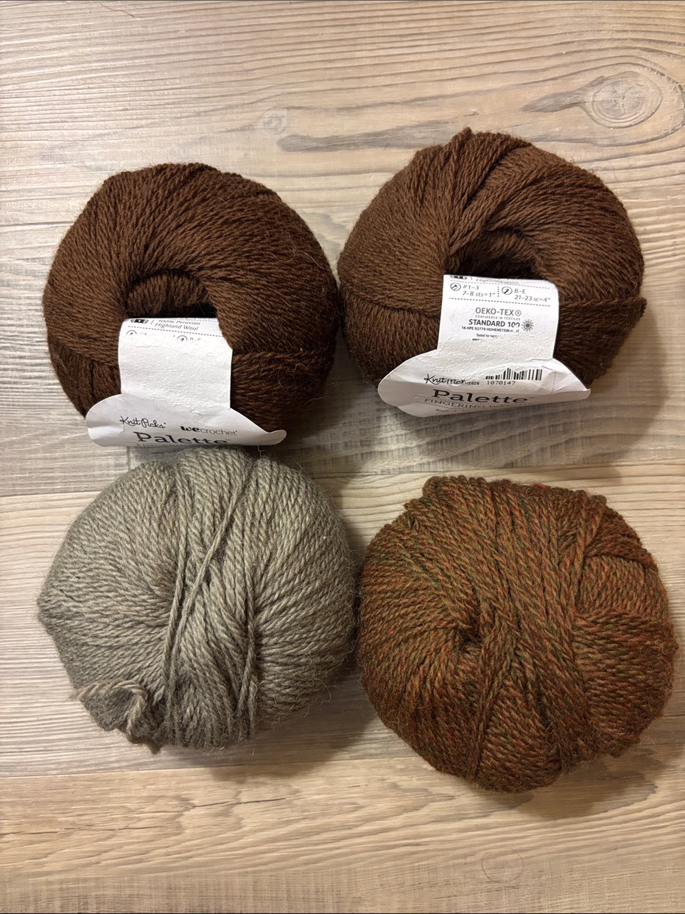 Knit Picks wool-4 skeins/50 grams, 2 dark brown, brown marled, lite gray, Peru
